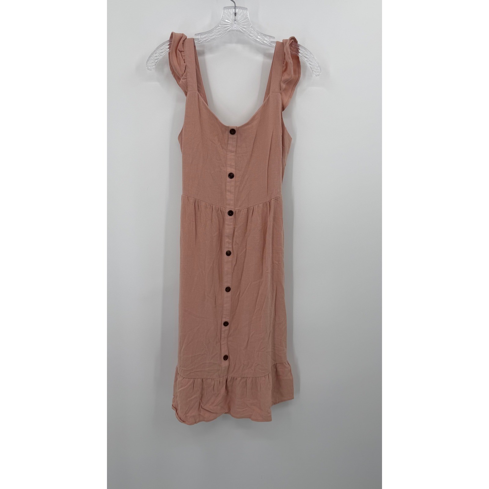 Monteau Pink Button Front Smocked Back Ruffle Strap Midi Dress Size S