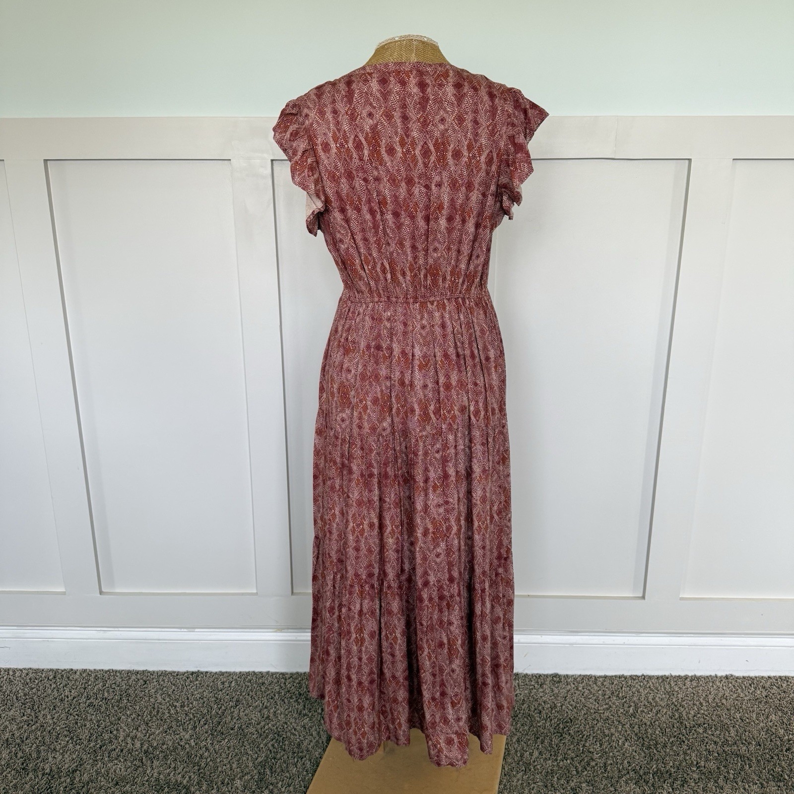 Sweet Magnolia Tiered Maxi Dress MEDIUM Red Short Sleeve Boho Peasant Southwest