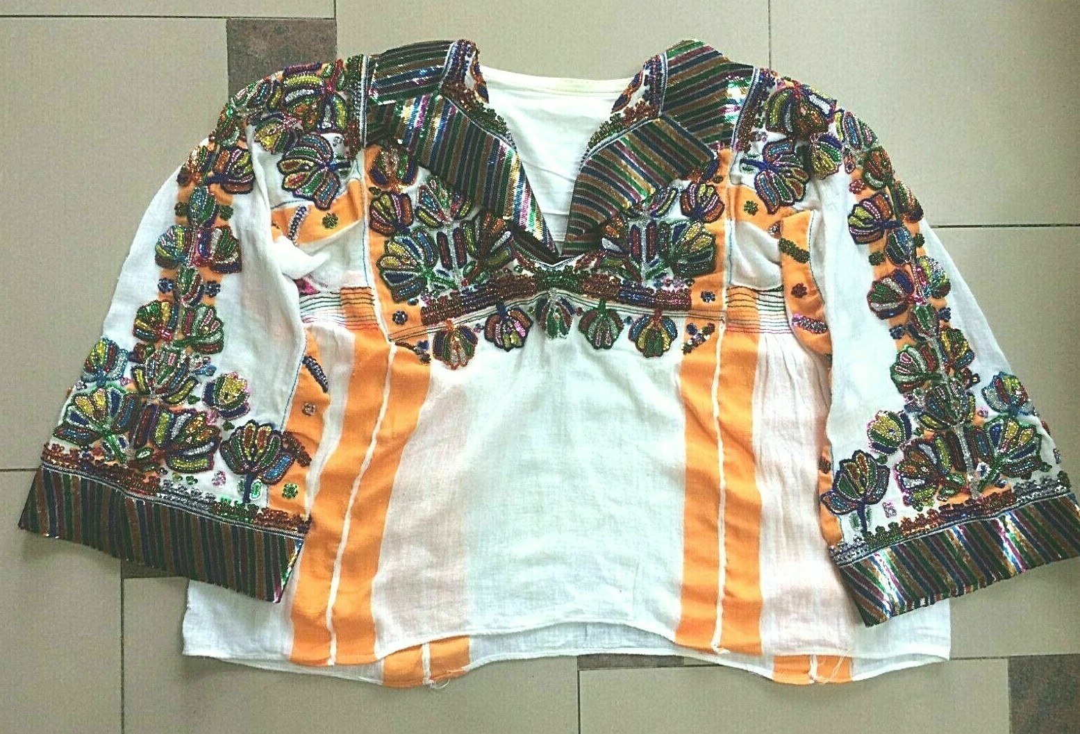 VINTAGE TRADITIONAL ALBANIAN FOLK WOMEN GIRL COTTON SHIRT EMBROIDERY WITH BEADS