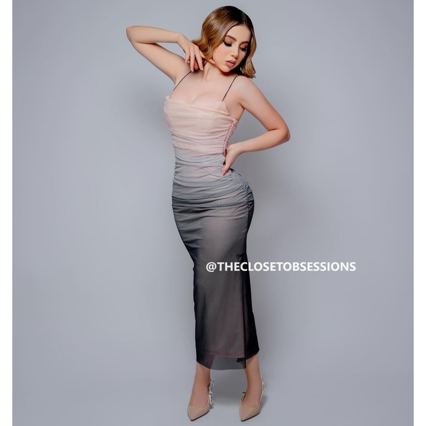 Zara NWT Ombre Gradient Ruched Mesh Midi Dress L