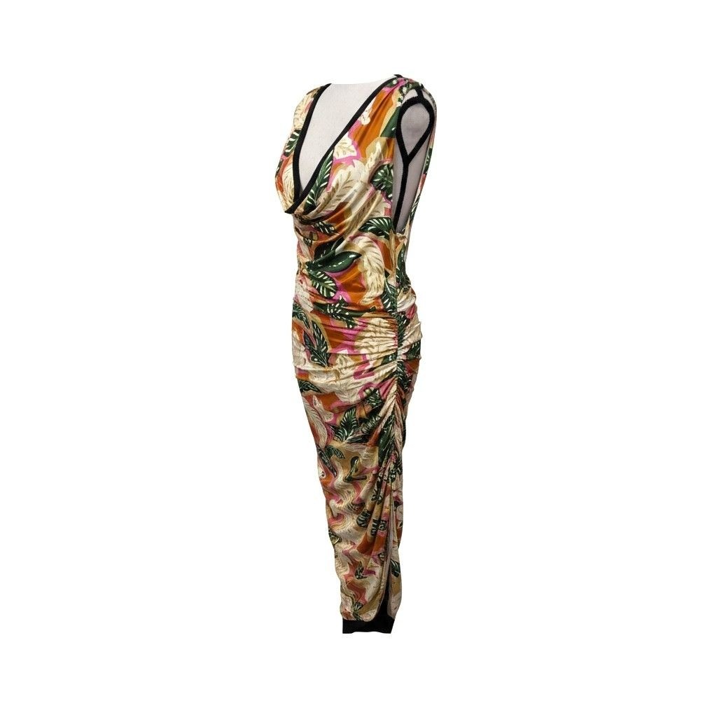 Significant Other Freda Palm Print Midi Dress Cowl Neck Ruched Bodice Sz 10