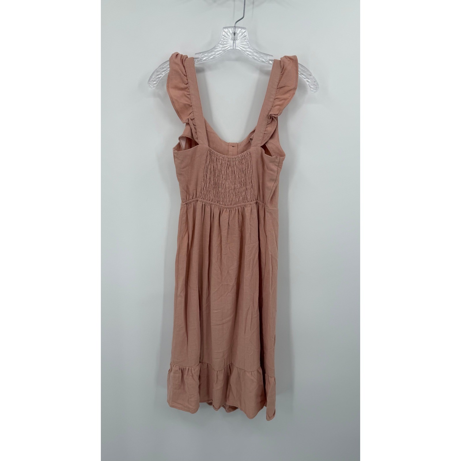 Monteau Pink Button Front Smocked Back Ruffle Strap Midi Dress Size S