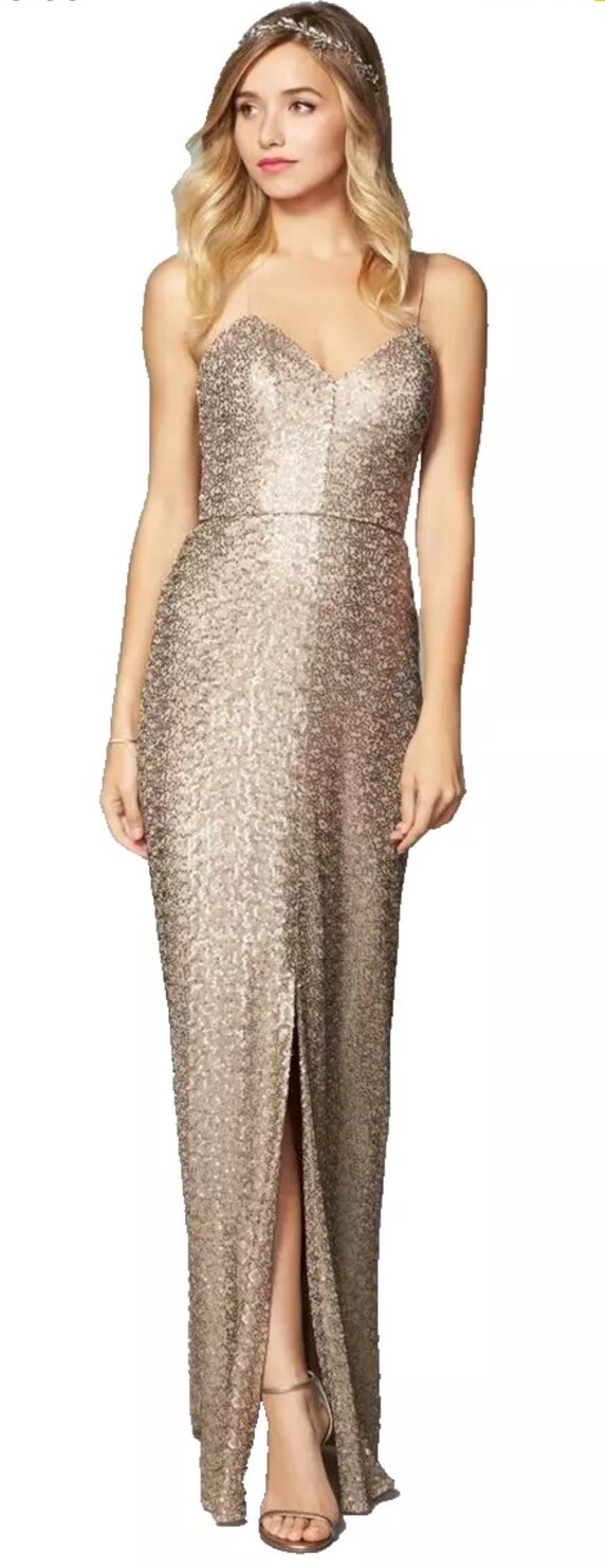 Amsale Samantha Gold Sequin Spaghetti Strap Bridesmaid/Formal Gown Size 4
