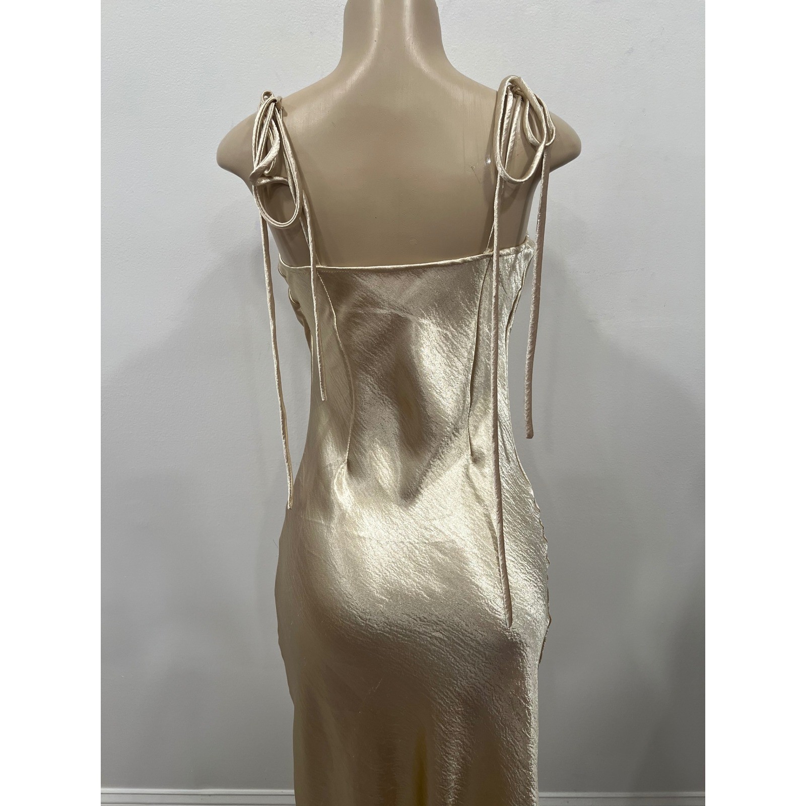 Champagne Gold Cowl Neck Satin Midi Dress Womens Medium Tie Strap
