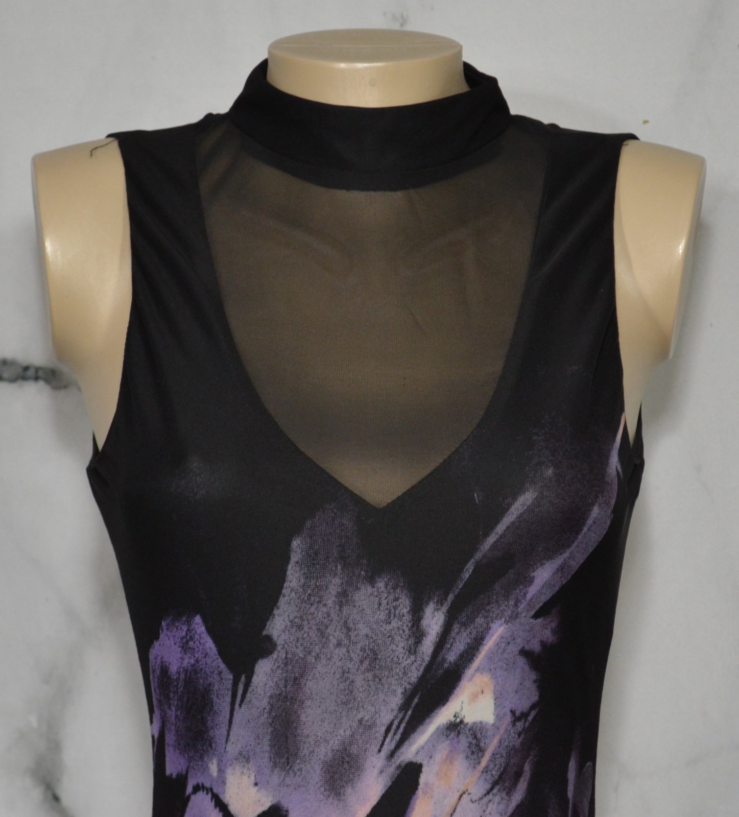 VENUS Black Multicolor Floral Sleeveless Dress XS High Neckline Sheer V Open Bck
