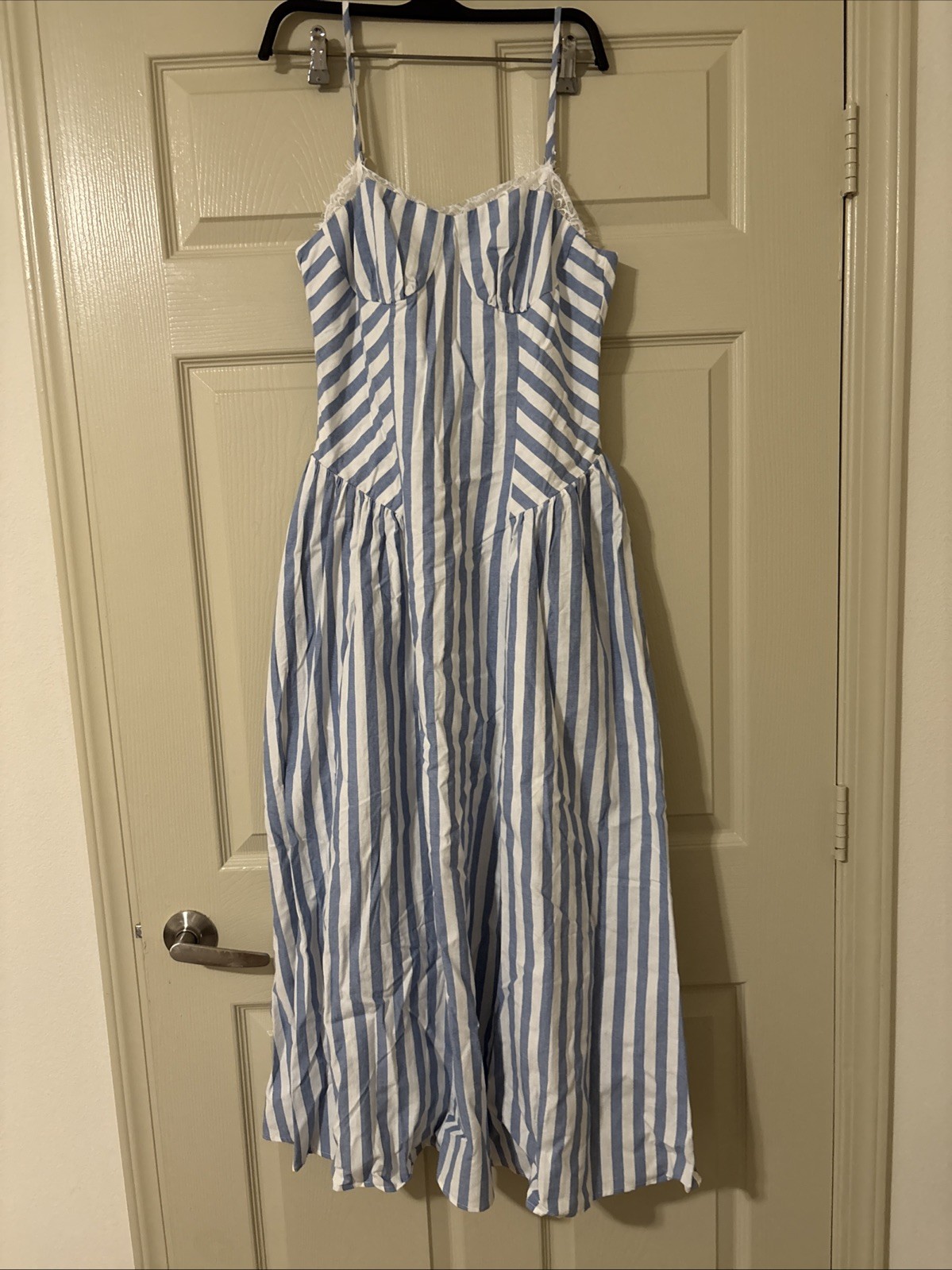 Commense Lace Trim Striped Cotton Cami Maxi Dress Size M $59