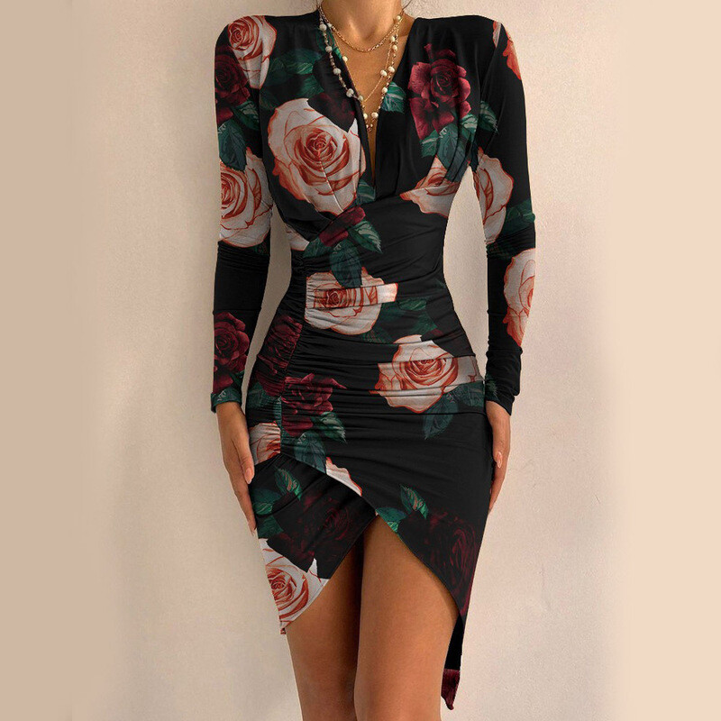 Autumn and Winter Fashion Long-sleeved V-neck Printed Tight-Fitting Slit Dress