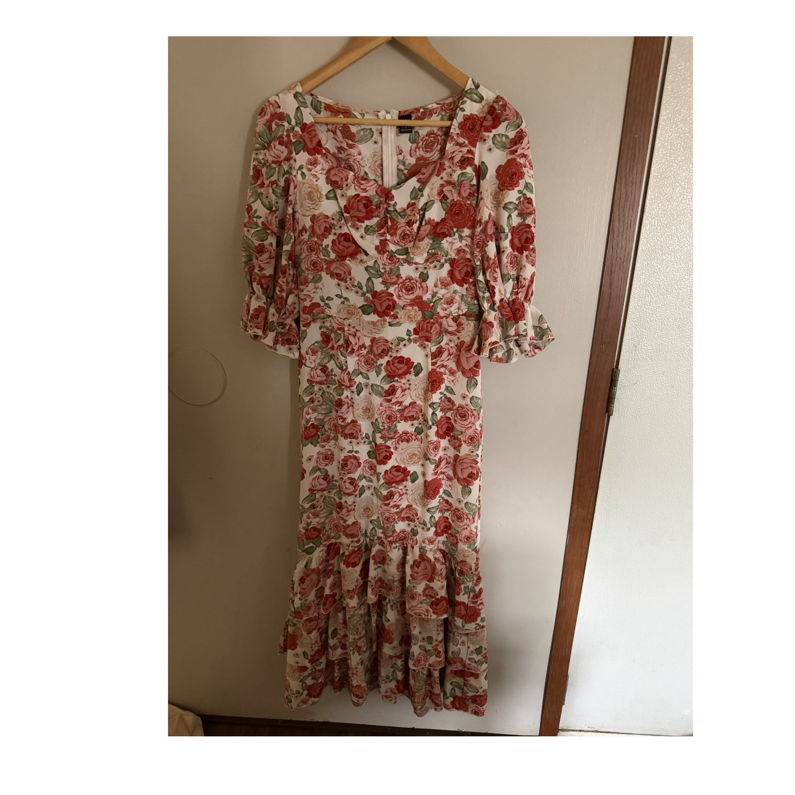 Shein White Red Green Floral Midi Dress S V-Neck 3/4 Sleeve Ruffle Hem Sundress