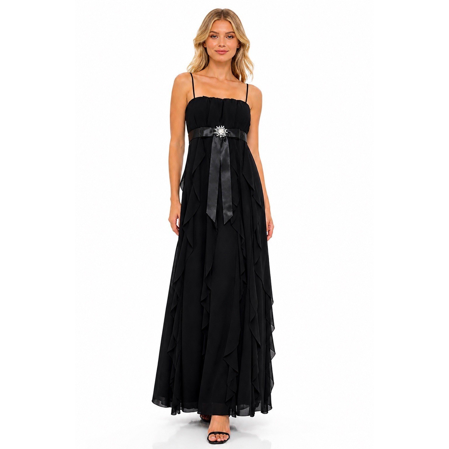 Vtg Black Corkscrew Ruffle Maxi Dress M Formal Goth Dark Fairy Bow Rhinestone