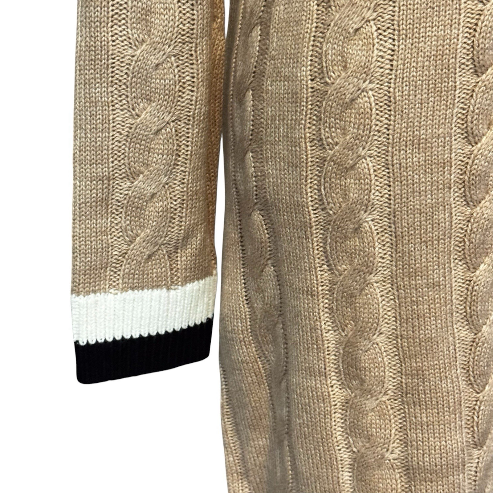 Tommy Hilfiger Chunky Cable Knit Varsity Dress M V Neck Camel Preppy Old Money