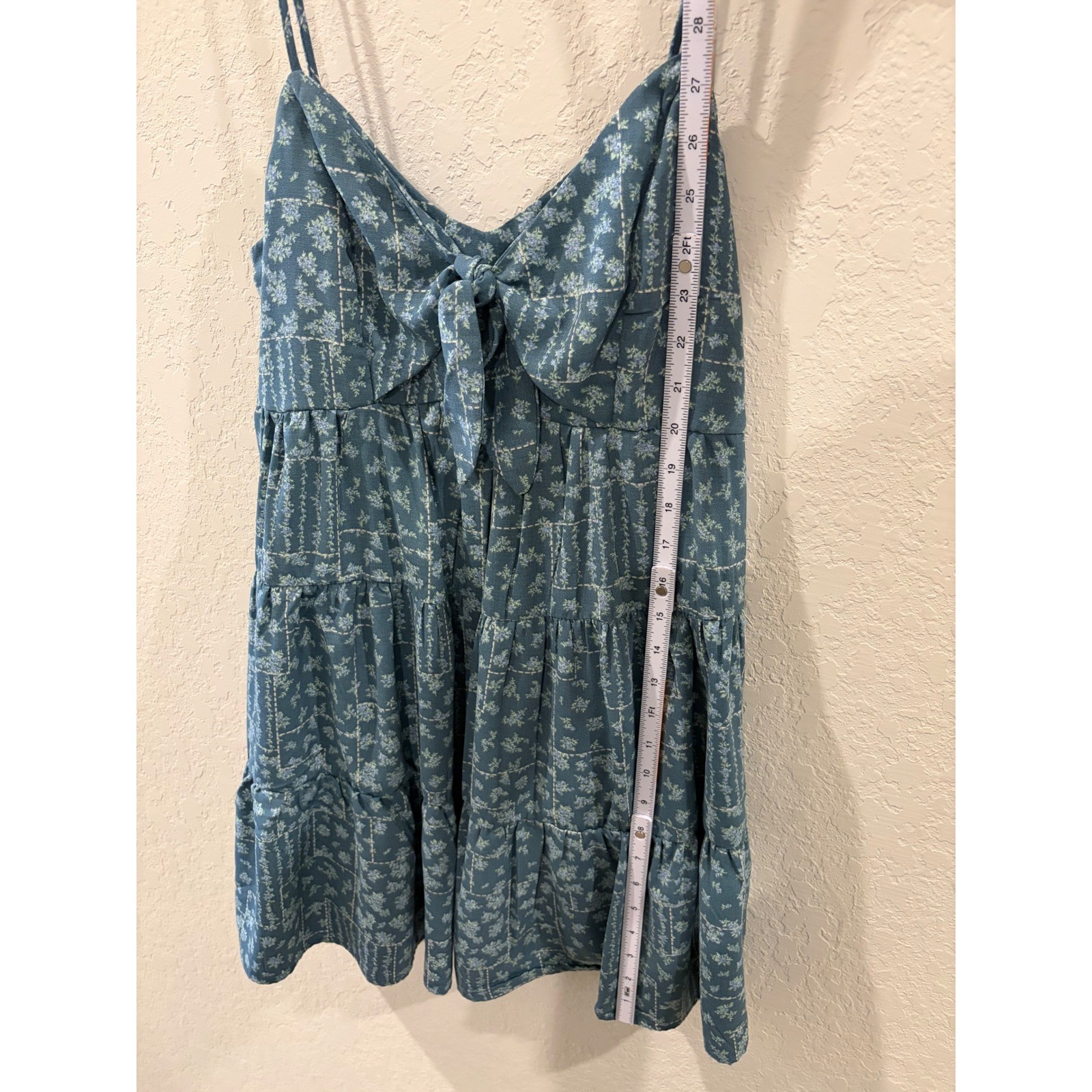 Altar’d State Blue Floral Patchwork Tie Front Tiered Mini Dress Large