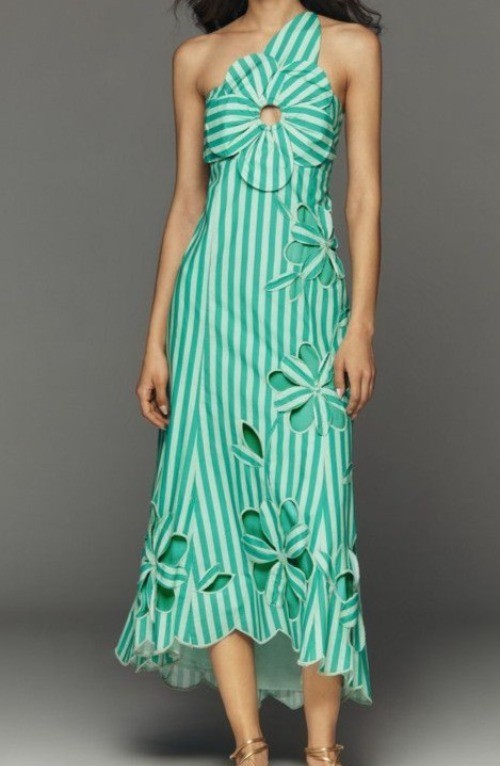 Anthropologie Amara One Shoulder Cutwork Midi Dress Boho Chic Retro Womens M