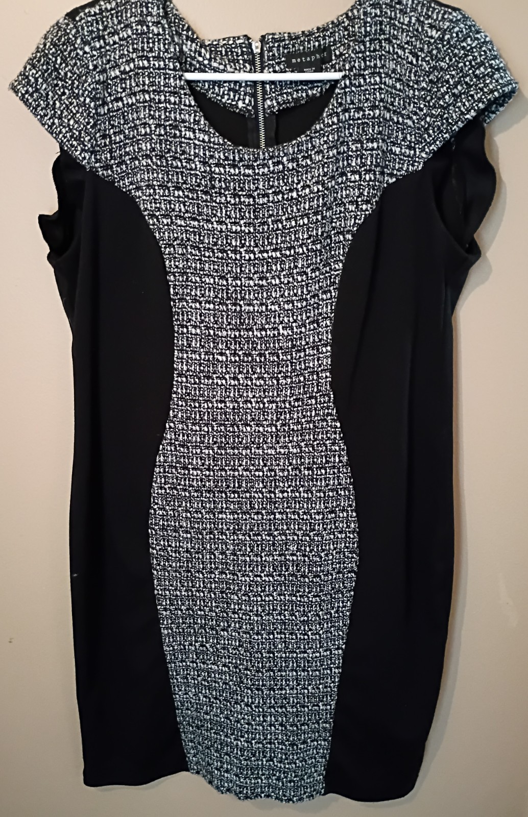 metaphor Tweed Sheath Dress XL Black/Gray Knee Length Cap Sleeve Zip Back