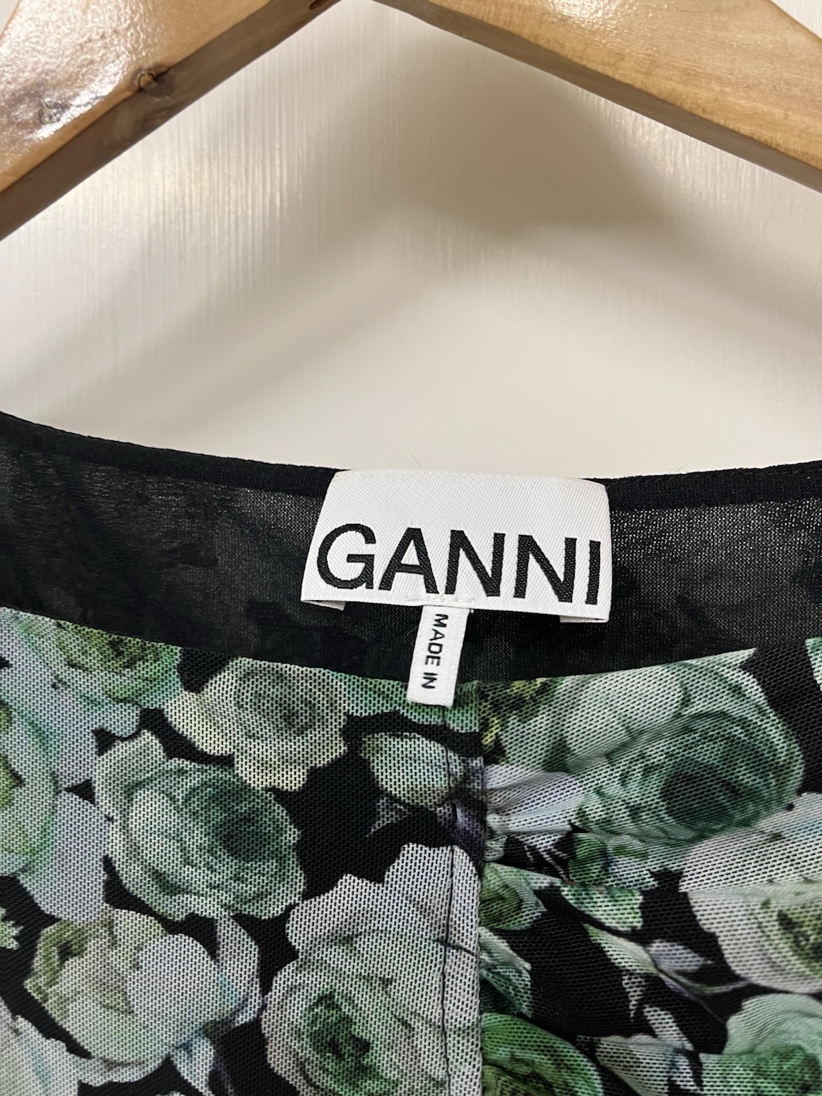 Ganni Green Floral Ruched Mesh Mini Dress Short Puff Sleeve 38