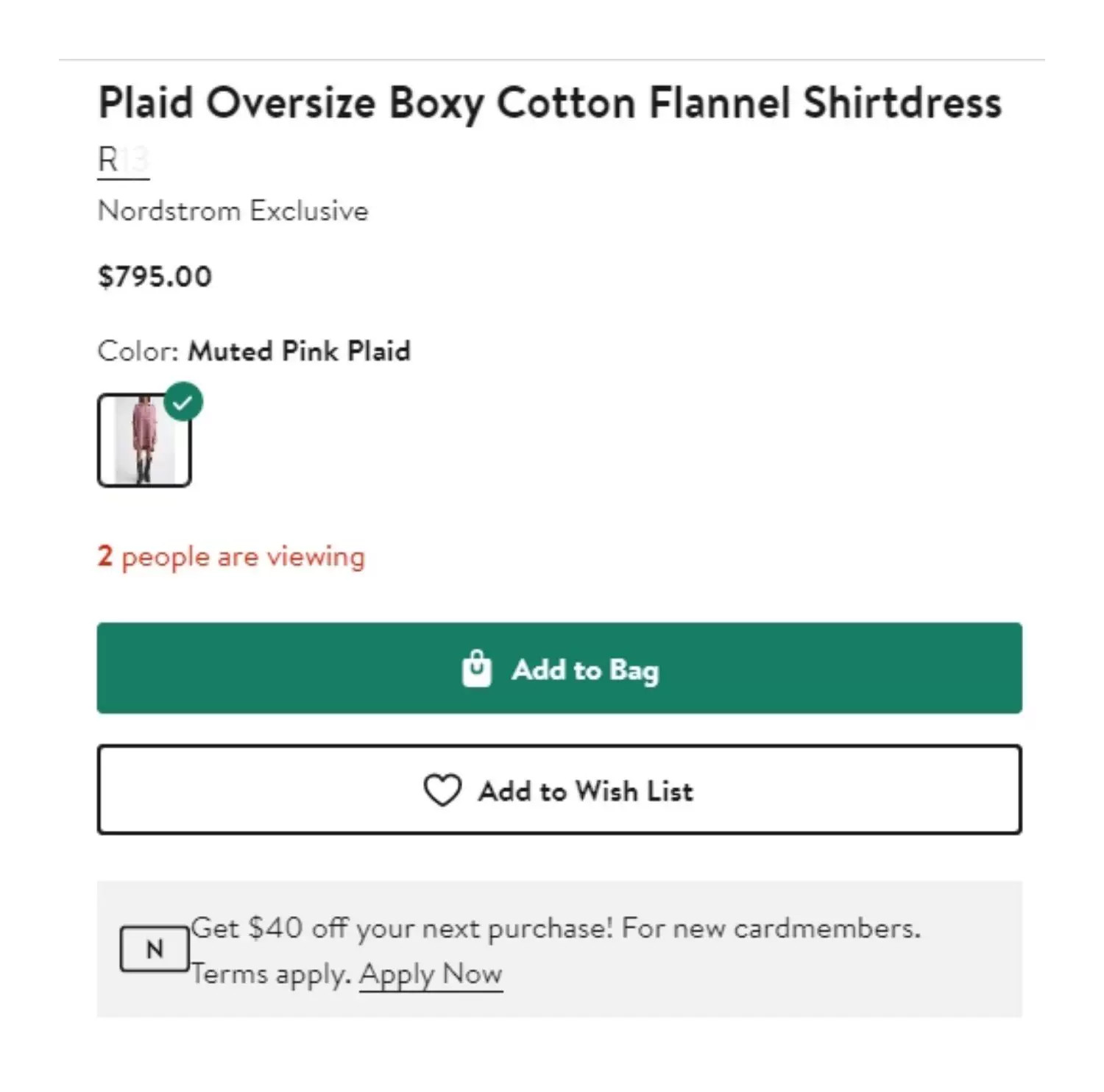 R13 Plaid Oversize Boxy Cotton Flannel Shirtdress One Size