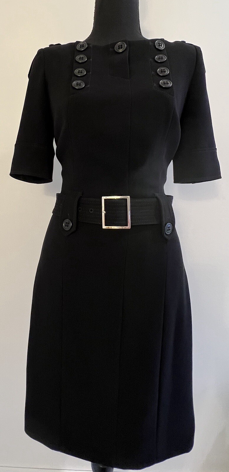 Karen Millen Classic Belted Black Military Style 1/2 Sleeve Pencil Dress Sz US 4