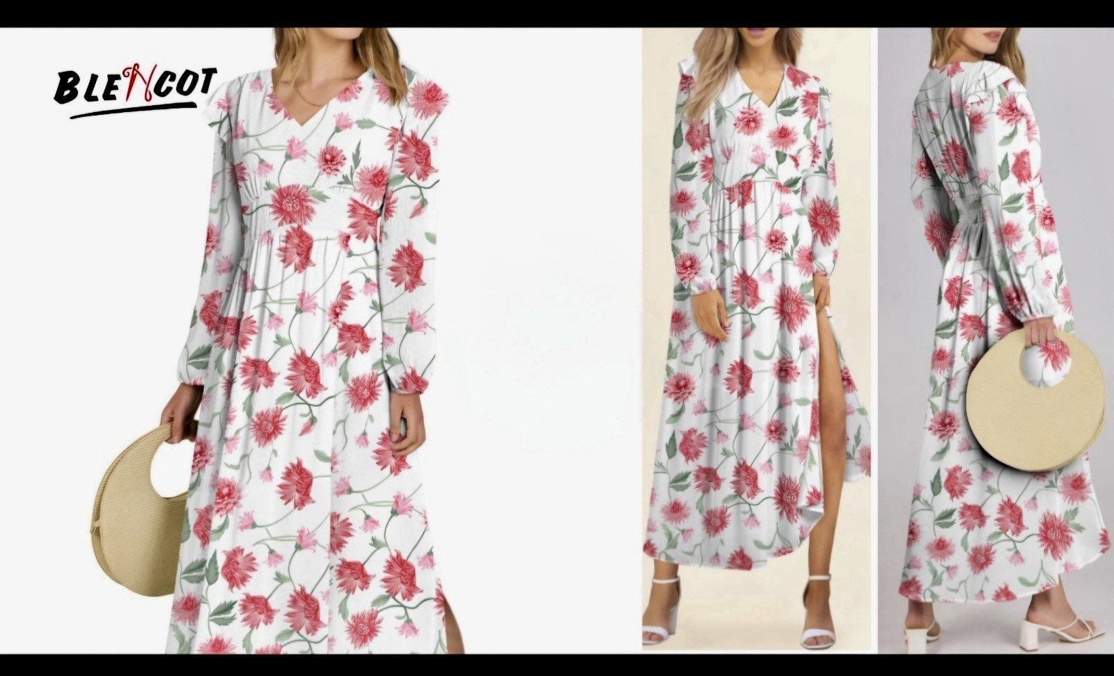 BEAUTIFUL LIMITED BLENCOT Womens Casual Ruffle Floral Boho Dress Crepe VNeck (S)