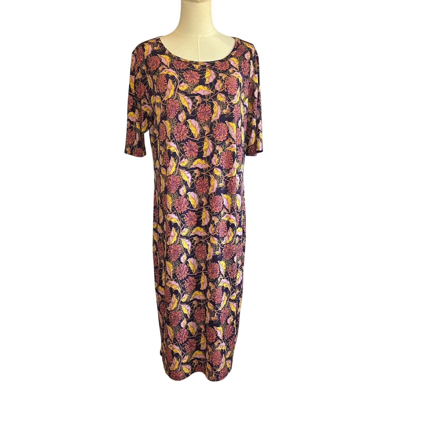 LuLaRoe Black Pink Floral Midi Dress Plus 2XL High Stretch Cottage Boho Lounge