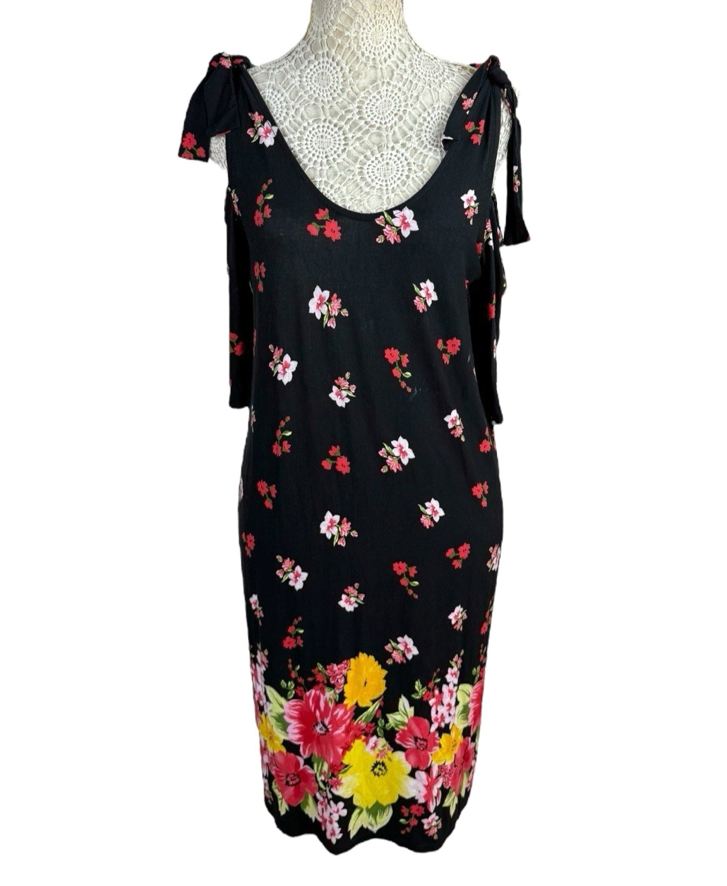 Black Floral Summer Dress Cold Shoulder Sleeve Knee Length Women’s UK Size 14