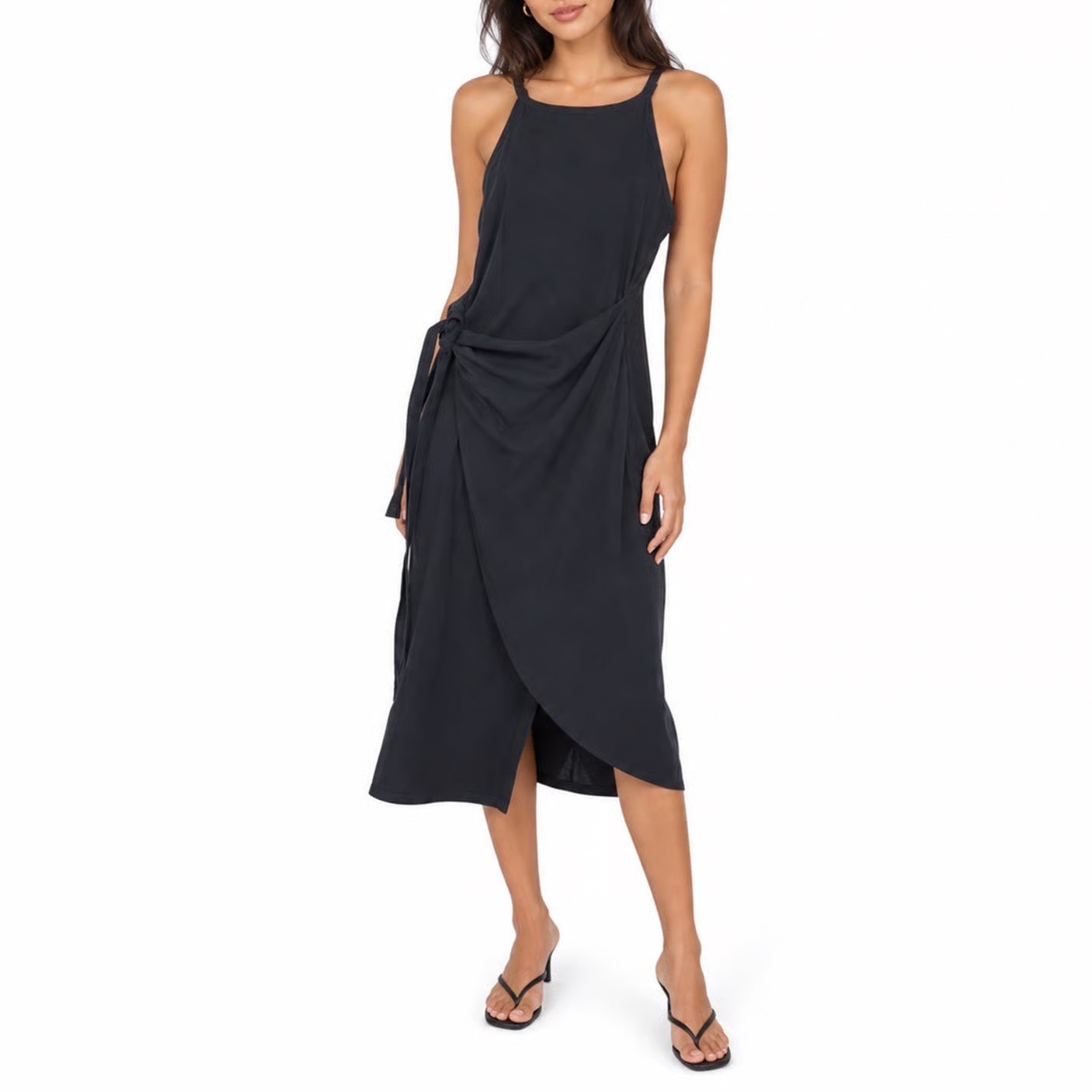 Fashion Black Wrap Front Midi Dress High Neck Sleeveless Side Tie Size L