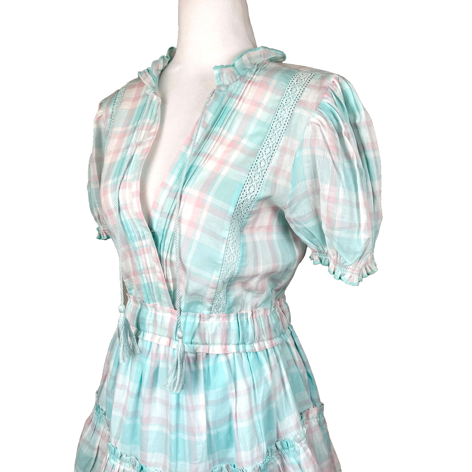 Mable Pastel Plaid Tiered Mini Dress Cotton Cottagecore Coquette Sz S NWT