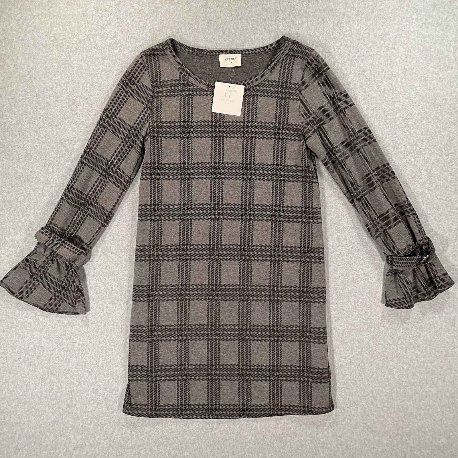 NWT Everly Adele Shift Dress Grey Plaid Ruffle Sleeve Size Small USA Made DR8246