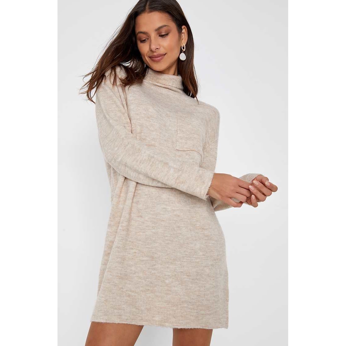 NWT Lulus Soft Knit Turtleneck Mini Sweater Dress Heather Beige Sz L Cozy Light