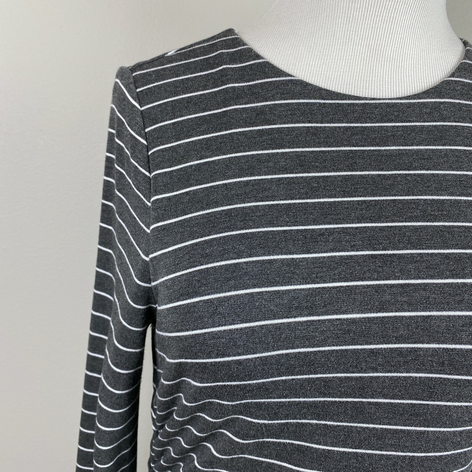 Ann Taylor Dress Small Gray White Stripe Sheath Ruched Waist Long Sleeve Career
