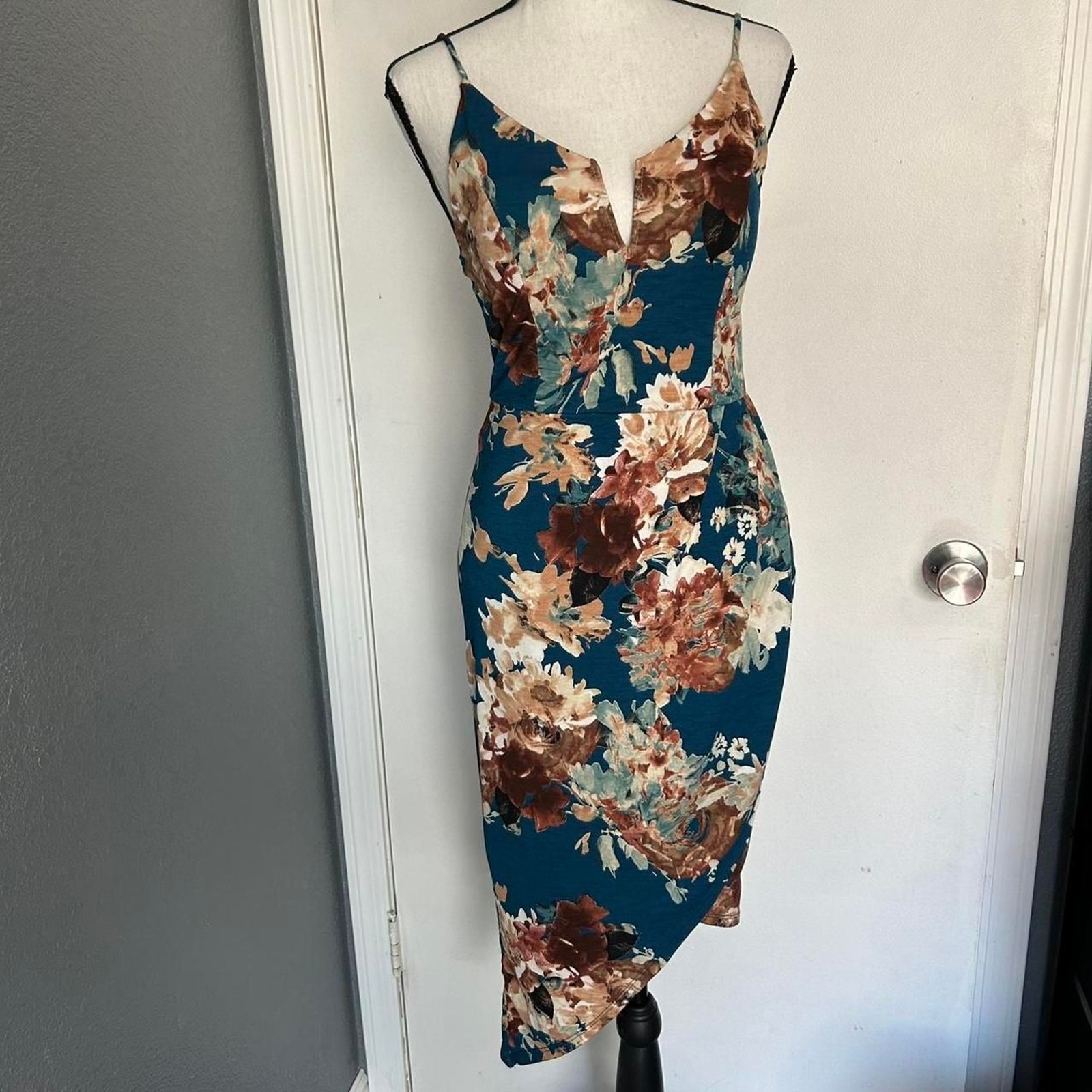 Whimsigoth Floral Teal Asymetrical Tulip Hem Bodycon Midi Dress S Boho Cocktail