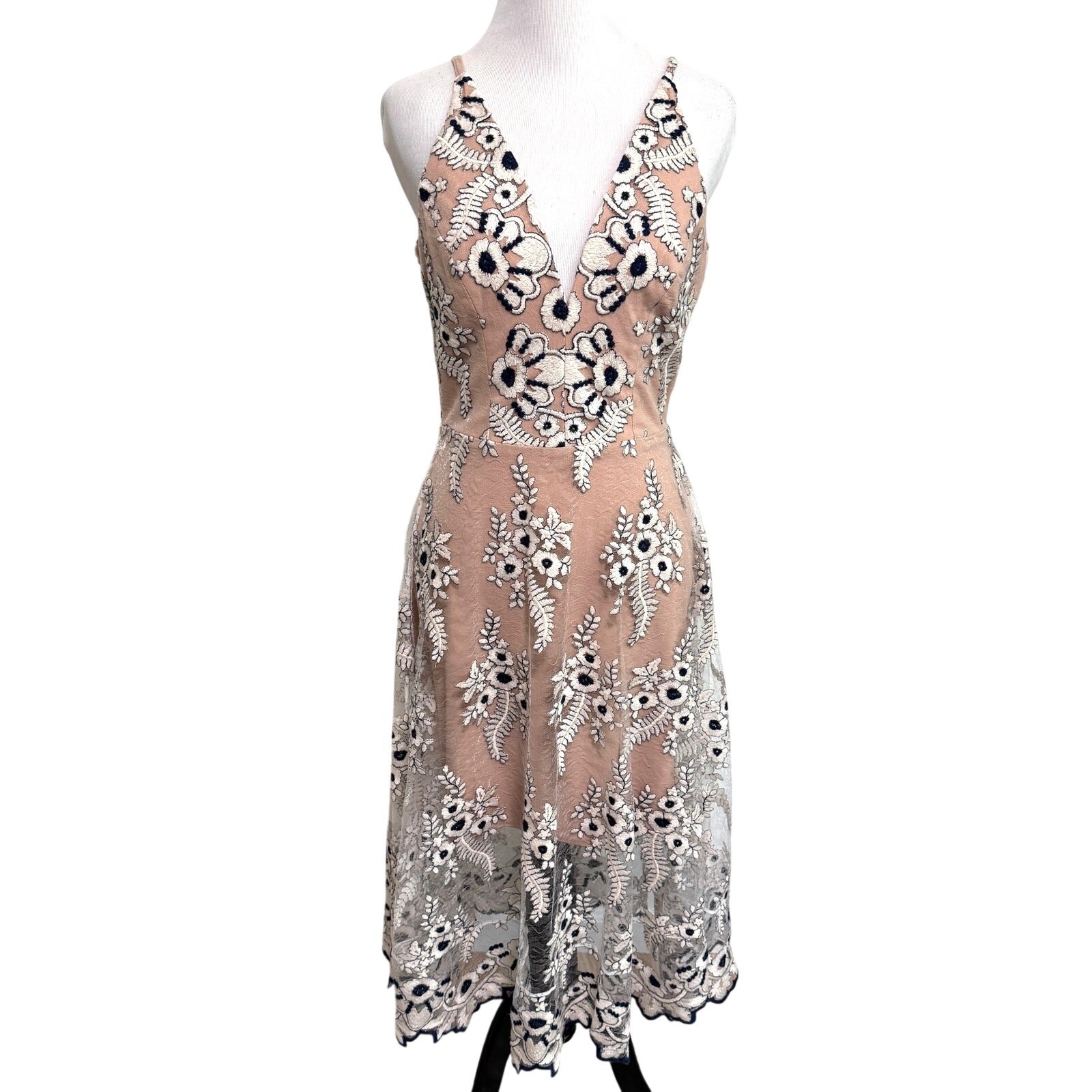 Dress The Population Audrey Midi Dress S Nude Ivory Floral Embroidered Fit Flare