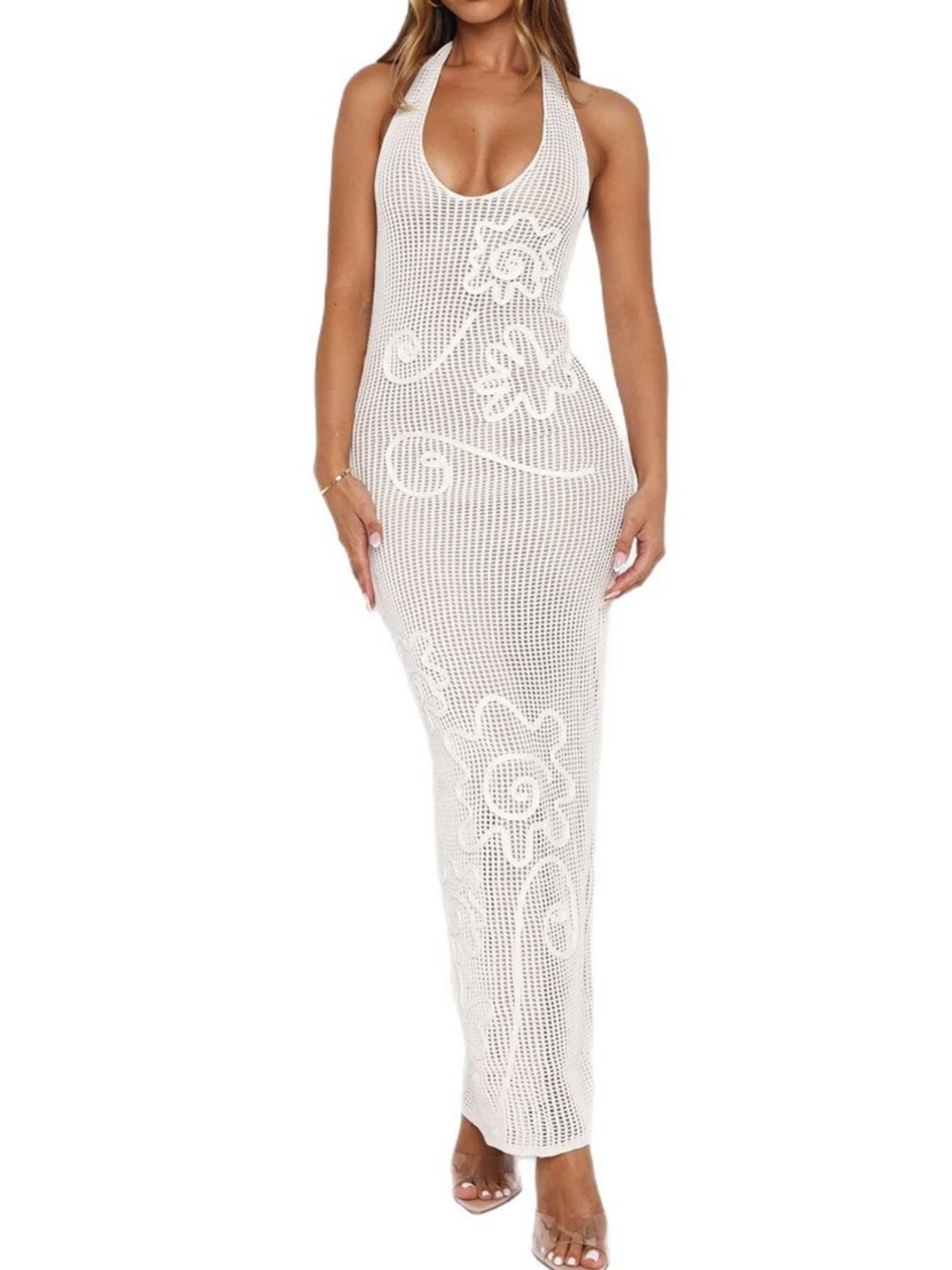 D&J Apparel – Halter Neck Crochet Openwork Maxi Dress