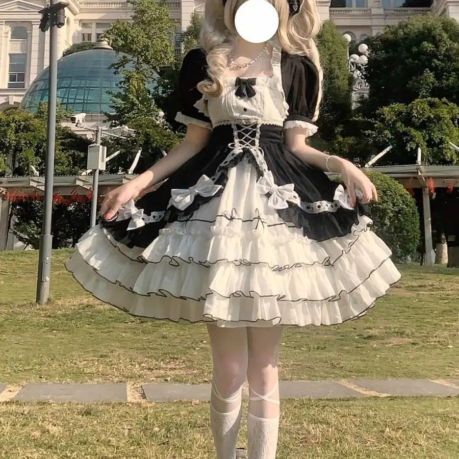 Bow Princess Lolita Patchwork Women Cake Vestidos Harajuku Japanese Dress Club