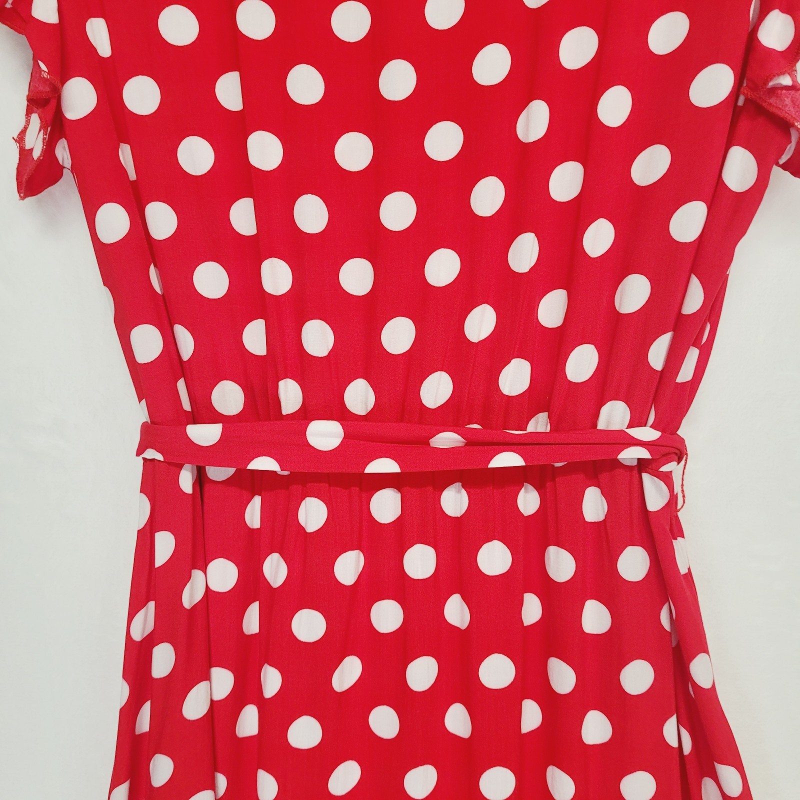 Red Polka Dot Faux Wrap Surplice Maxi Dress M Hi Low Ruffle Romantic Retro Femme
