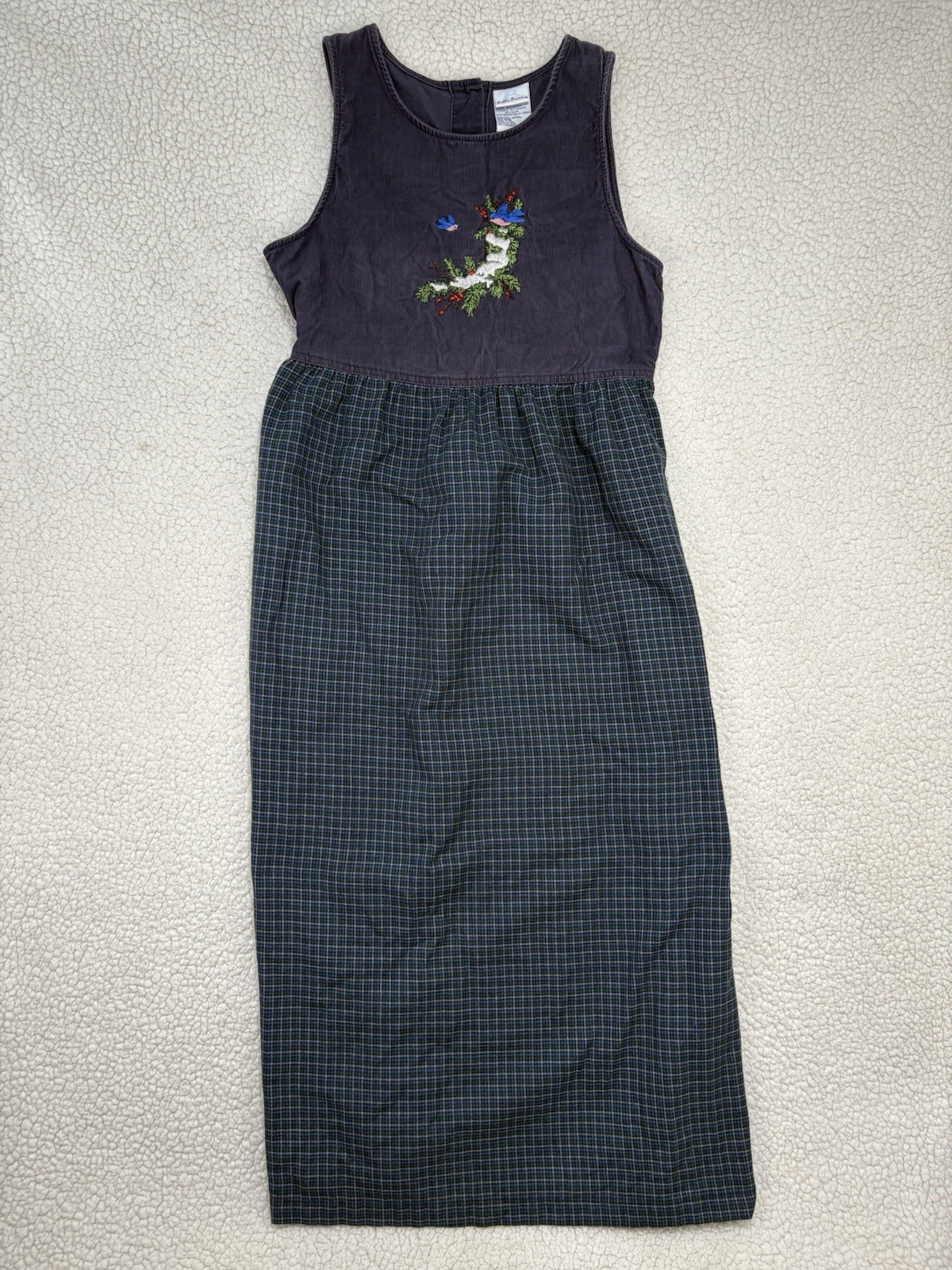 VTG Bobbie Brooks Jumper Dress Plaid Corduroy Sz S 4-6 Holiday Winter Birds Snow