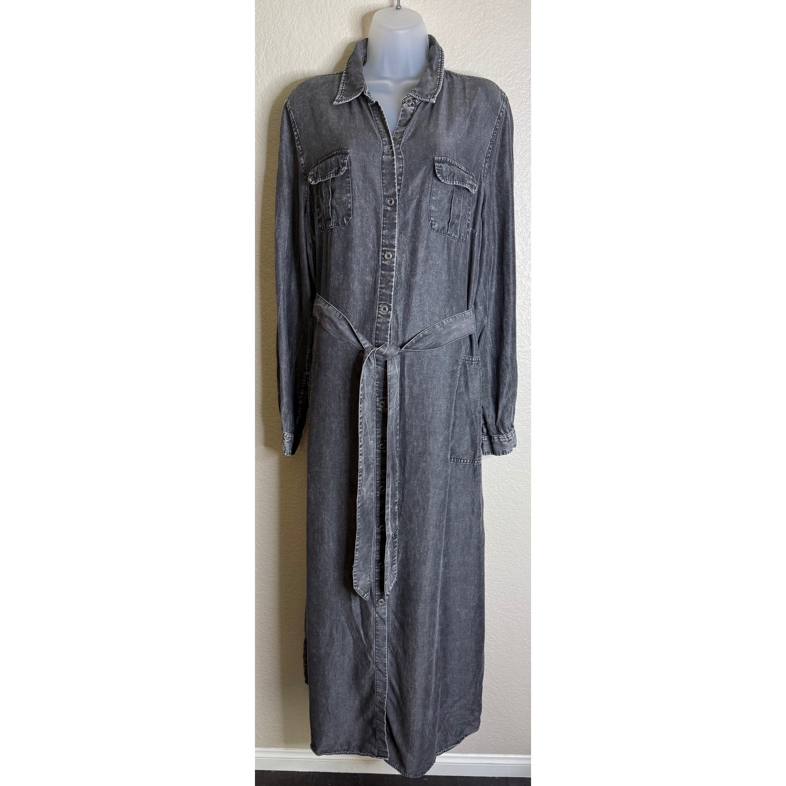 Soft Surroundings Womens TL Maxi Shirt Dress Grey Tencel Belted Long Sleeve