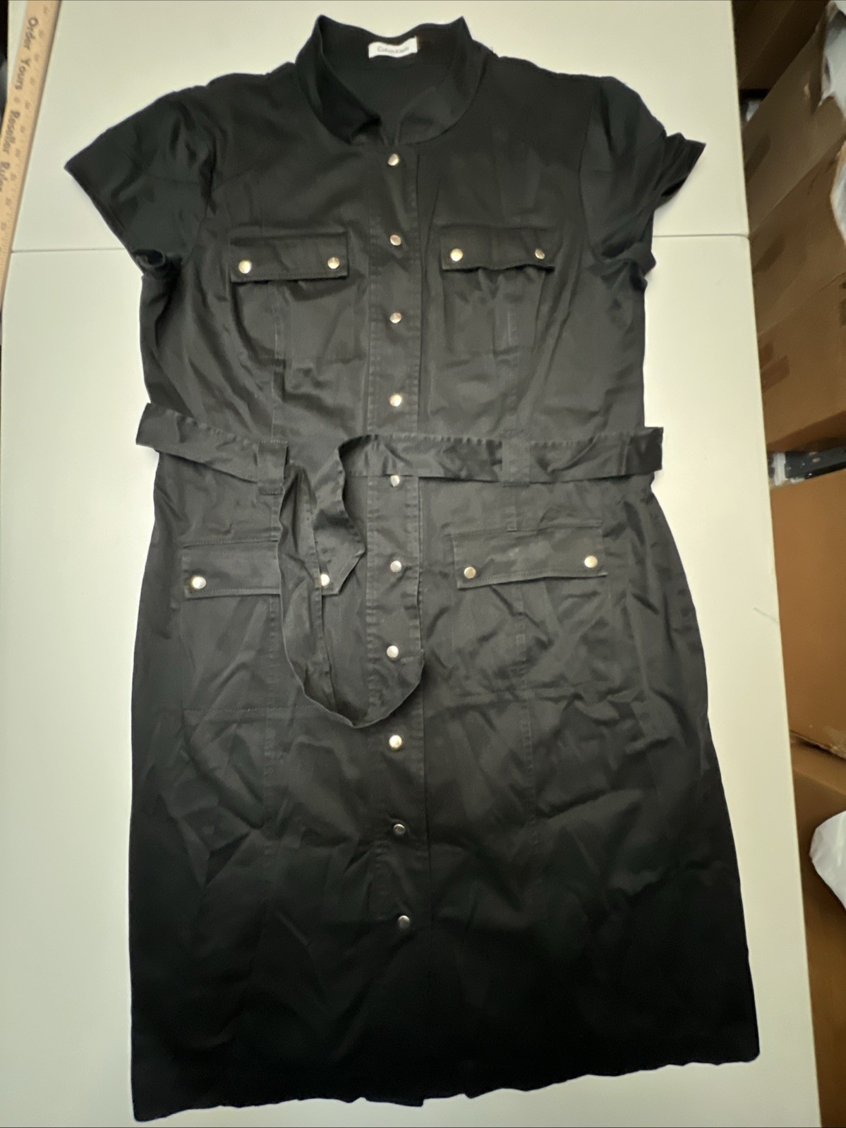 Calvin Klein Dress Size 14 Black Belted Four Pocket Snap Front Mandarin Collar