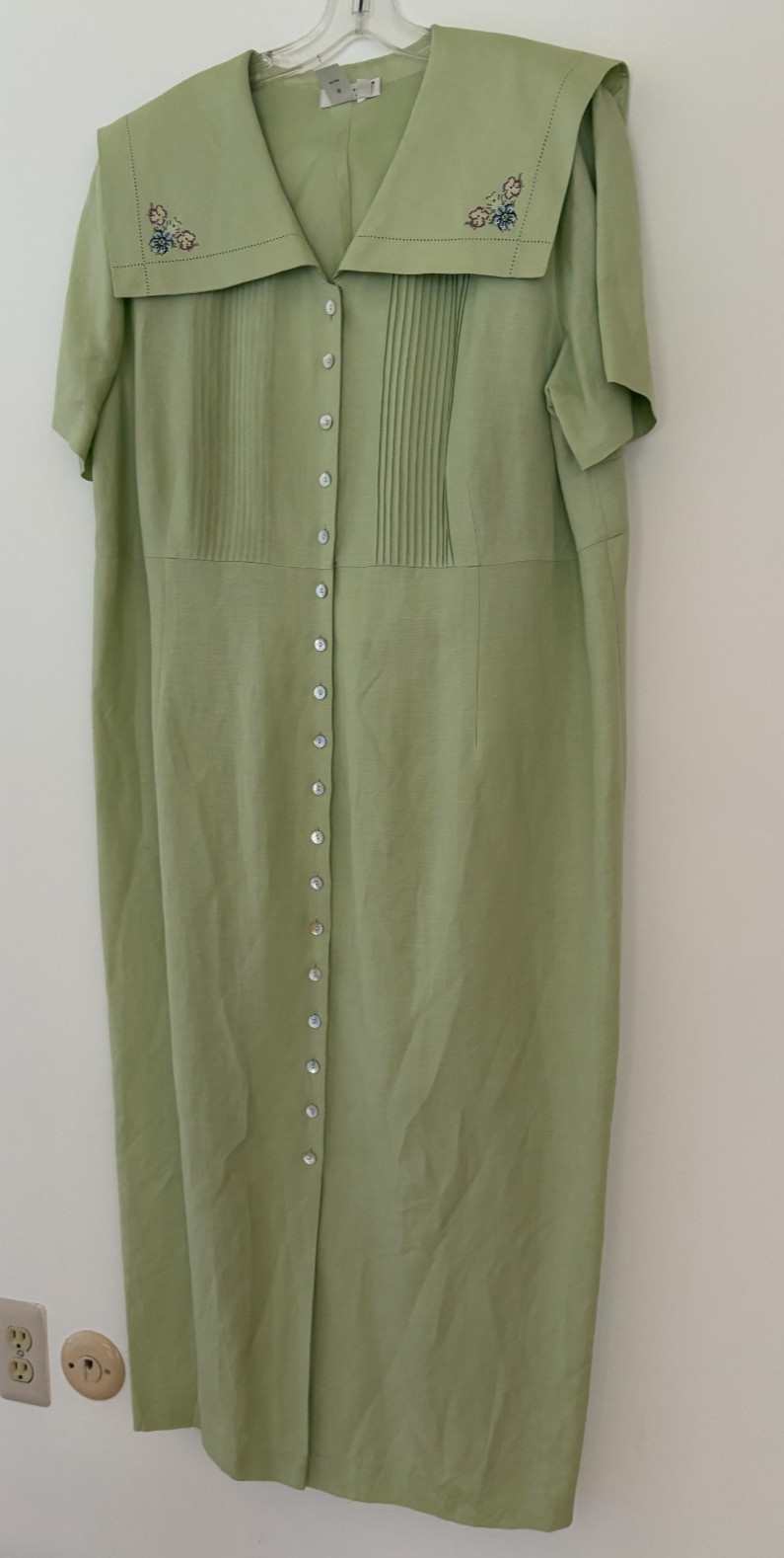 Coldwater Creek Linen Rayon Dress 22W Mint Green Embroidered Sailor Collar Lined