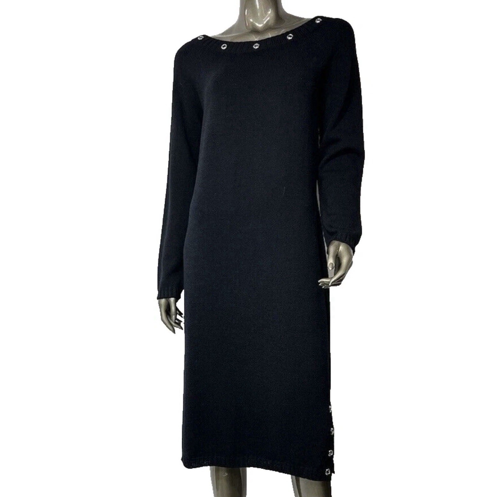 St. John Black Santana Knit Dress Midi S Grommet Detail Minimalist Timeless