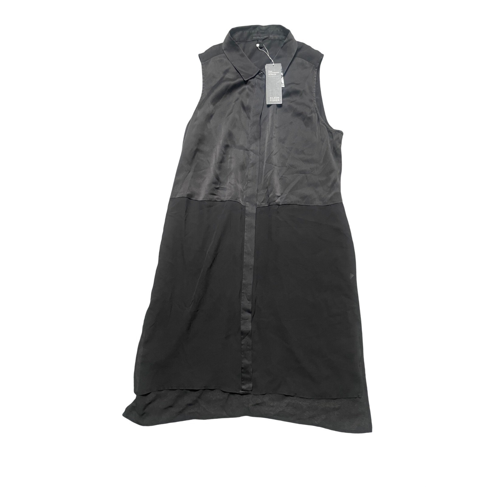NWT EILEEN FISHER Black Silk Sheer Georgette Mandarin Collar Long Shirt Dress M