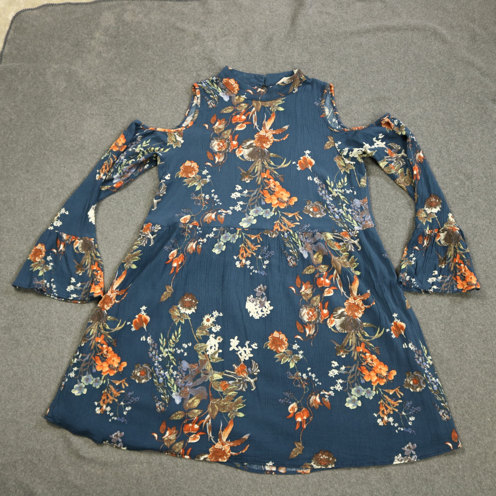 Altar’d State Floral Cold Shoulder Mini Dress Button Neck Bell Sleeve Blue L