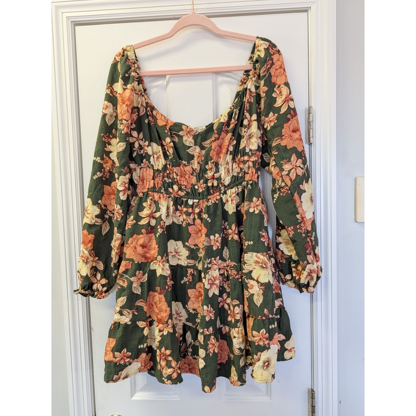 Floral Smocked Mini Dress Green Orange Long Sleeve Tiered Large Romantic