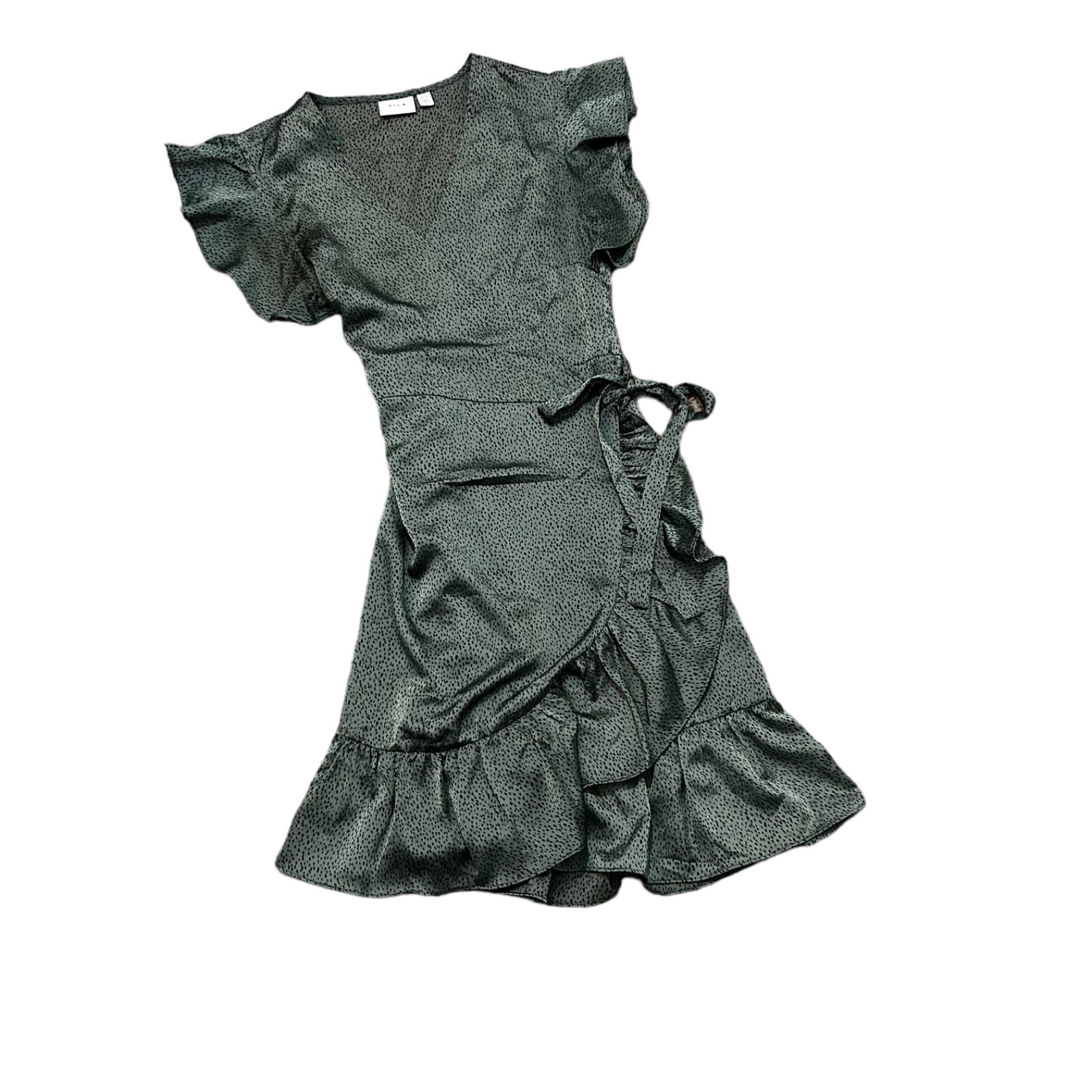 Vila Green Black Ruffle Wrap Dress Size Small Short Sleeve Great Used Condition