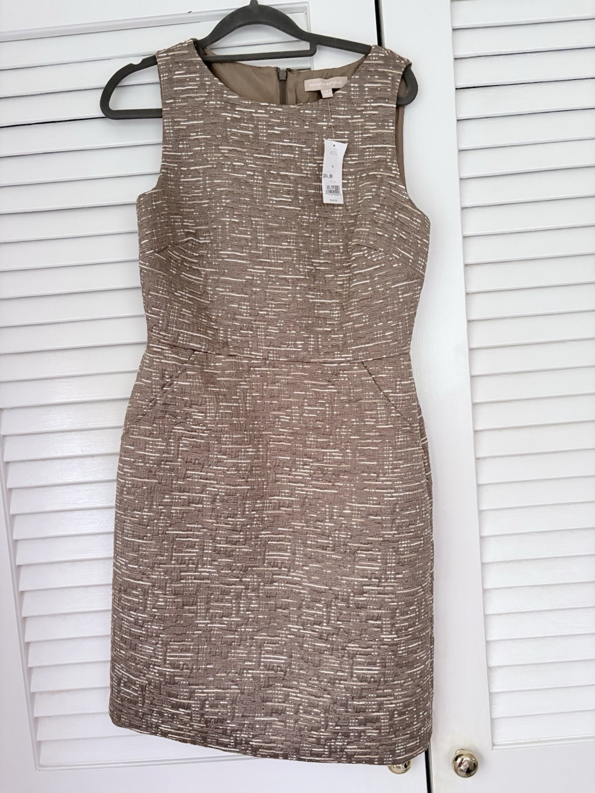 Banana Republic Taupe Metallic Tweed Sheath Dress Size 4 Sleeveless NWT $140