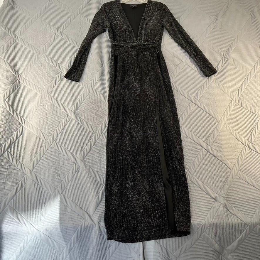 TRIXXI Black Silver Shimmer Chevron Long Sleeve Dress Glam Size M