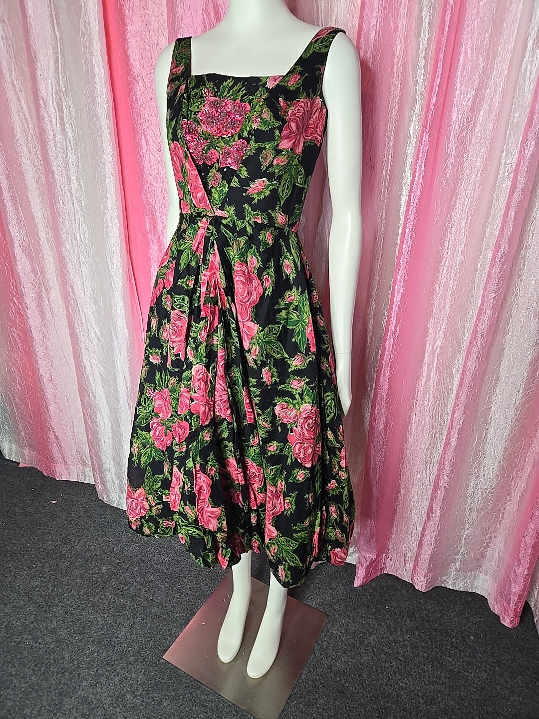 Lee Claire Vintage Green Pink Exquisite 60’s Beaded Floral Dress Size Small