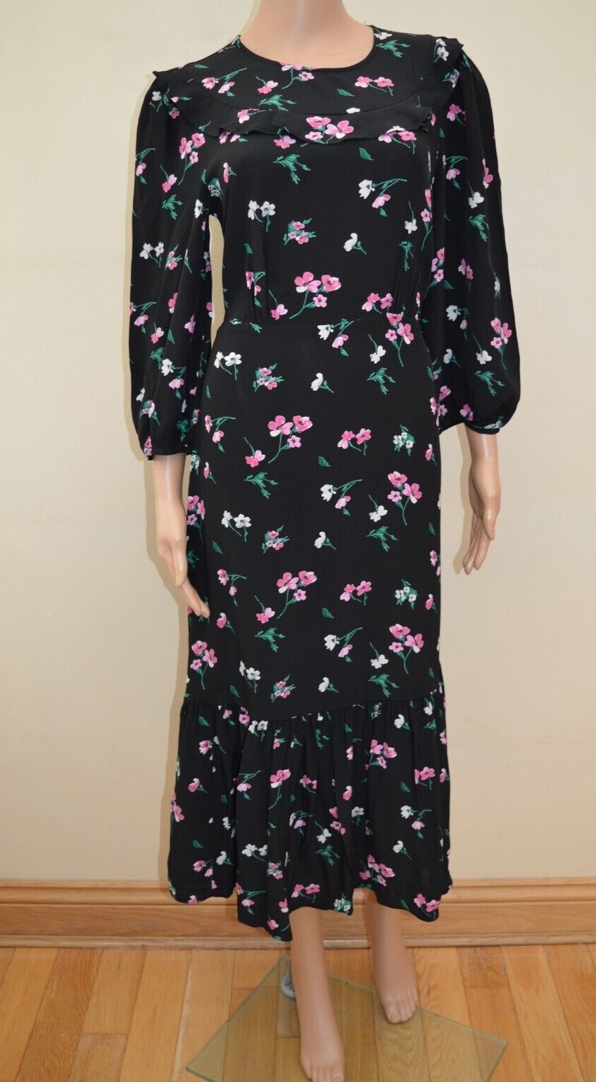 New M&S X Ghost Floral Empire Line Midaxi Black Mix Dress Sz UK 12