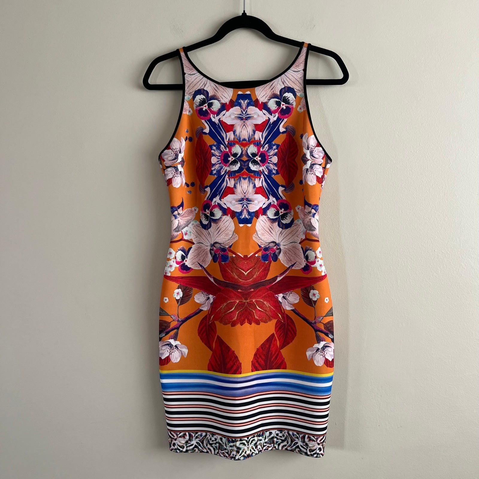 Clover Canyon Neoprene Scuba Dress Kaleidoscope Floral Orange Bodycon L