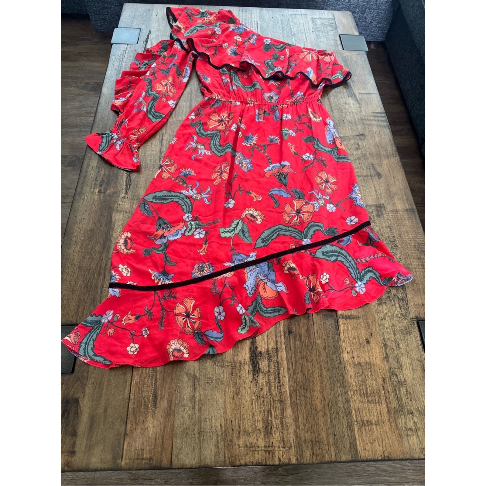 Love Sam Red Floral One Shoulder Asymmetrical Ruffle Dress XS Boho Viscose