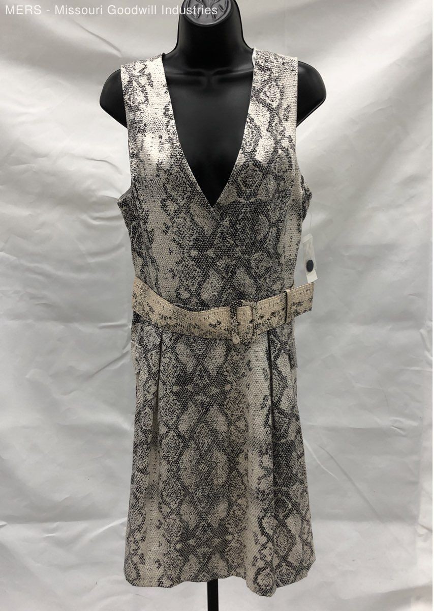 Julia Jordan Women’s Ivory Black Snakeskin Print Belted V-Neck Dress Sz 12 NWT
