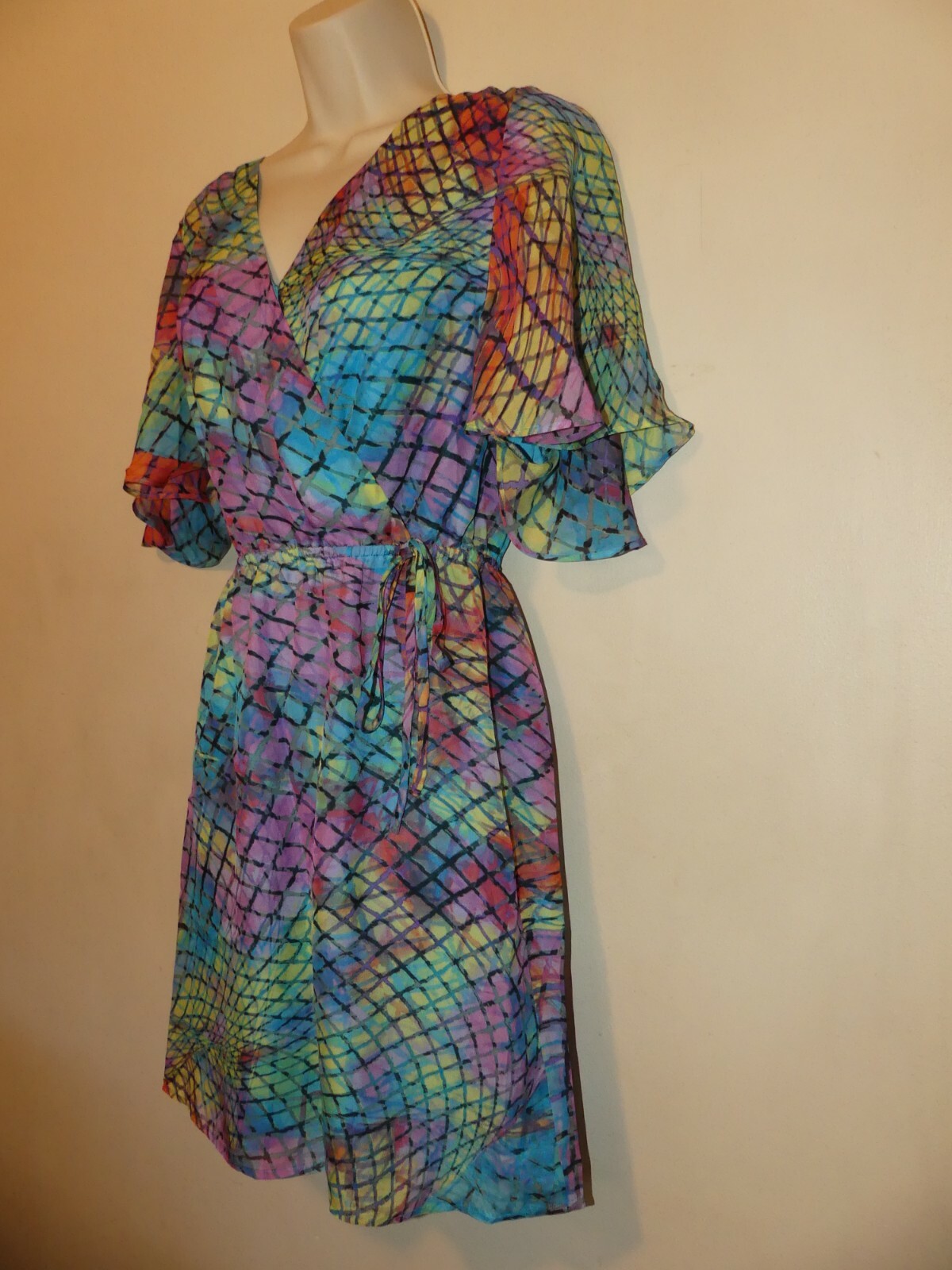 Presley Skye flutter sleeve faux wrap silk dress size XS multicolor print NWT